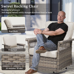 2 Piece Swivel Rocker Patio Chairs Set with 5-Inch Armrest and Thick Cushion, Gray/Beige
