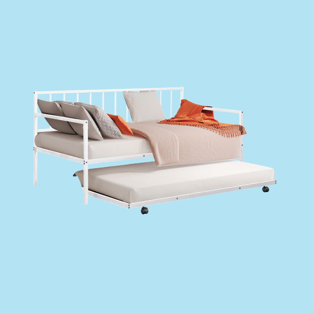 1pc Twin Size Metal Daybed With Trundle Contemporary Style Full Metal Structure Mattress Ready White Finish