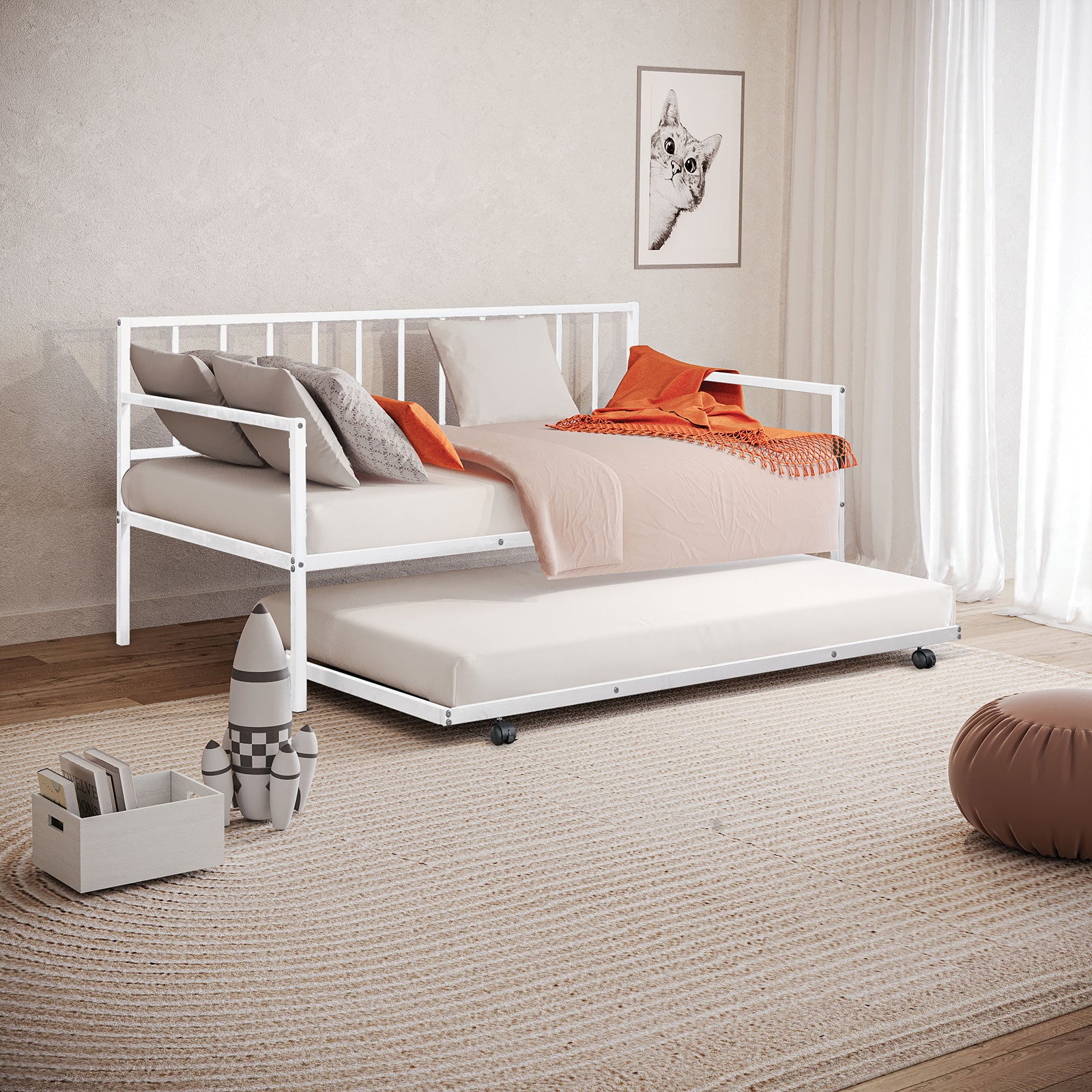 1pc Twin Size Metal Daybed With Trundle Contemporary Style Full Metal Structure Mattress Ready White Finish