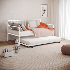 1pc Twin Size Metal Daybed With Trundle Contemporary Style Full Metal Structure Mattress Ready White Finish