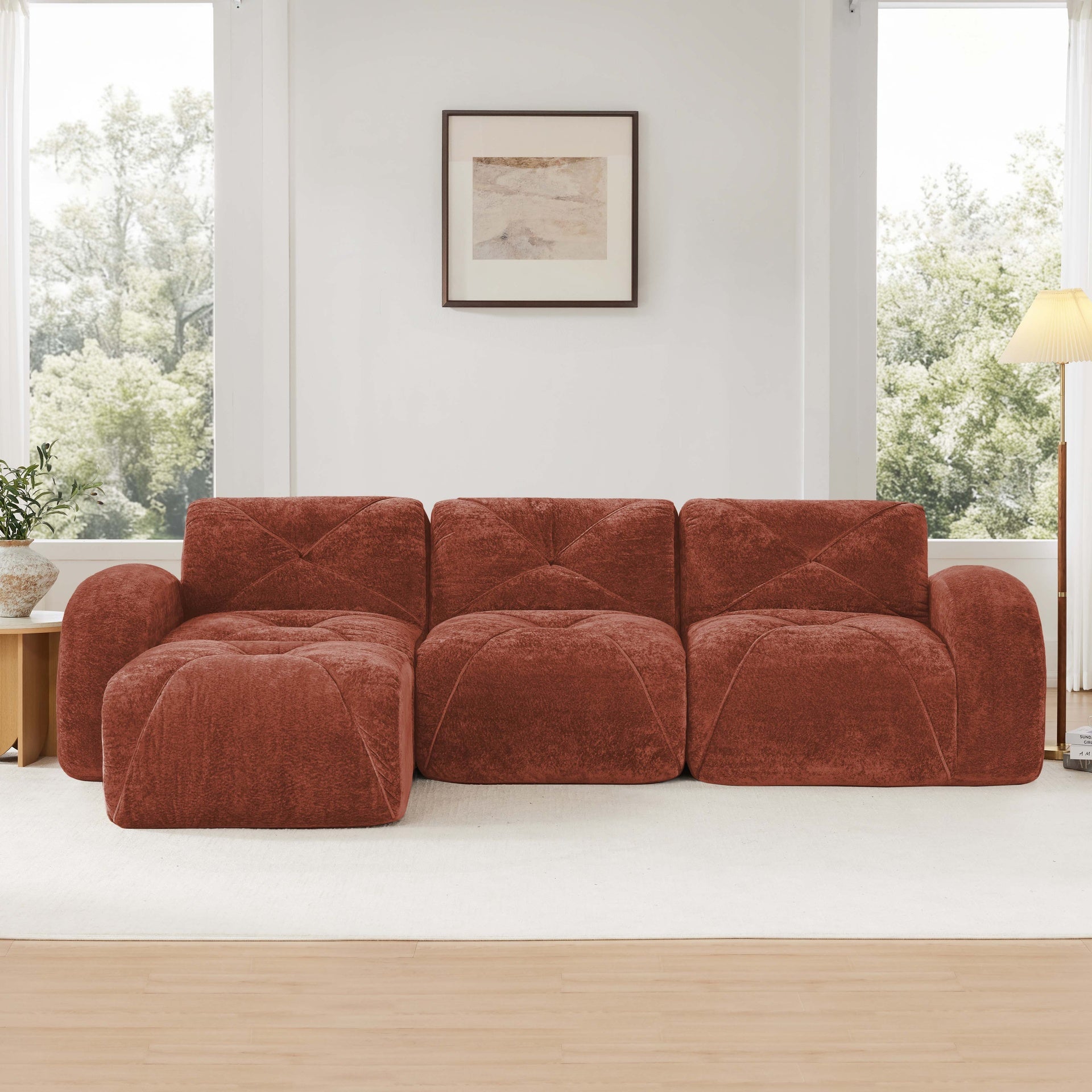 L-shaped Soft Velvet Fabric,Boneless Sofa,Tufted Design,Ergonomic Design Bottom,32D High Density Sponge,No Assembly Required Bottom,Anti-Slip Design,Movable Ottoman For Living Room,Red Brown