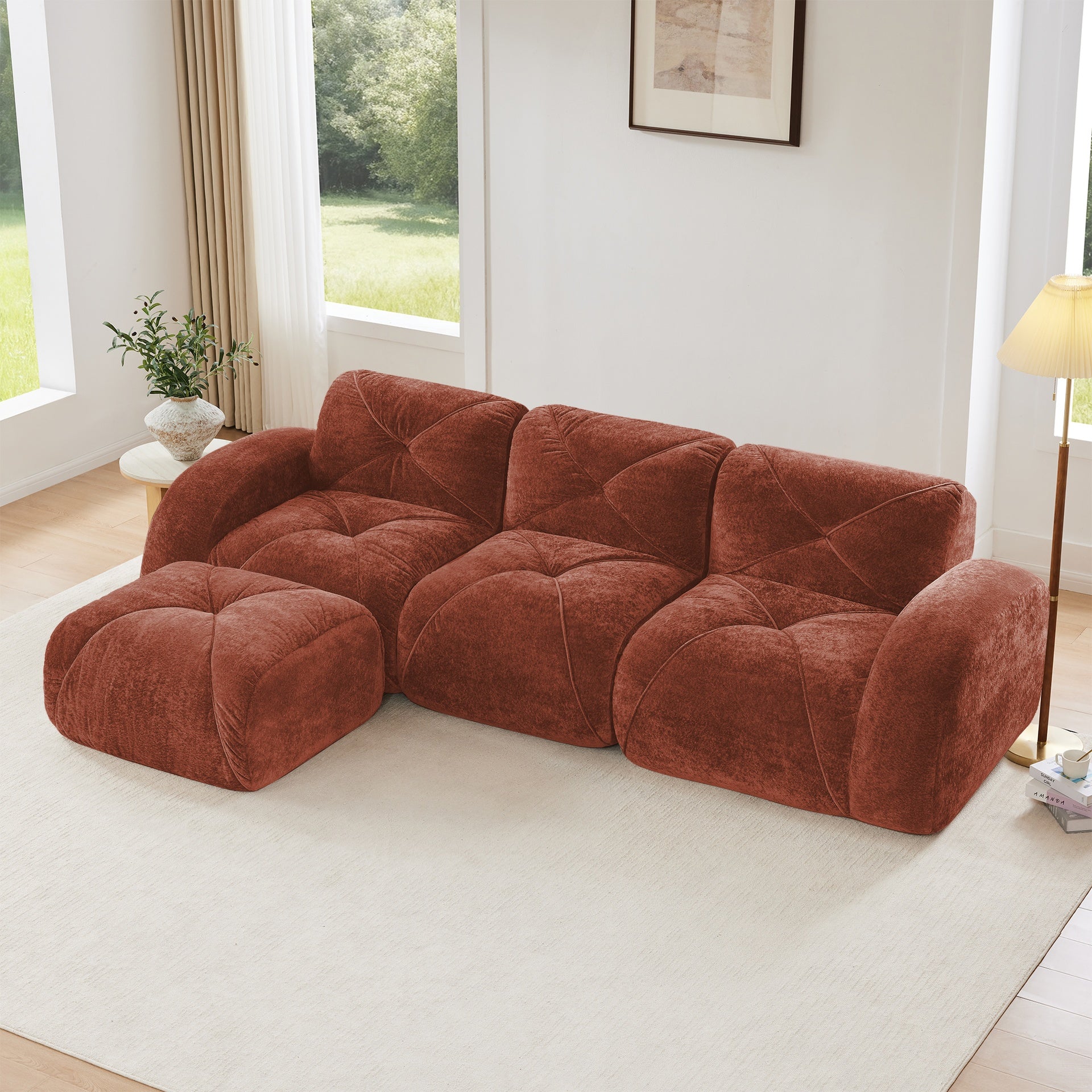 L-shaped Soft Velvet Fabric,Boneless Sofa,Tufted Design,Ergonomic Design Bottom,32D High Density Sponge,No Assembly Required Bottom,Anti-Slip Design,Movable Ottoman For Living Room,Red Brown