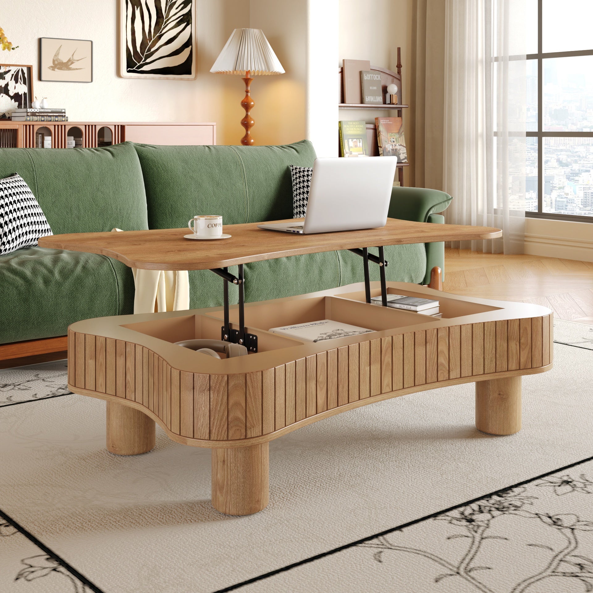 Lift Top Coffee Table for Living Room 42" - Fluted Panel Hidden Storage, Silent Hydraulic Lift, Curved Safety Corners, 5 Min Assembly (27"W x 13-18.9"H, Light Brown)
