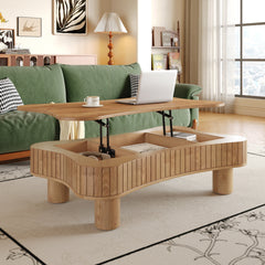 Lift Top Coffee Table for Living Room 42" - Fluted Panel Hidden Storage, Silent Hydraulic Lift, Curved Safety Corners, 5 Min Assembly (27"W x 13-18.9"H, Light Brown)