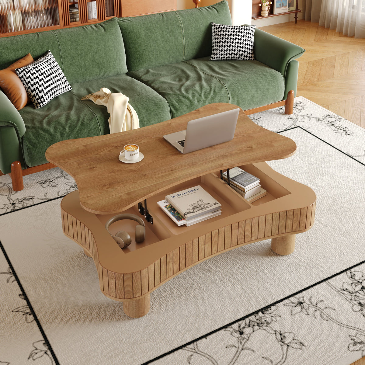 Lift Top Coffee Table for Living Room 42" - Fluted Panel Hidden Storage, Silent Hydraulic Lift, Curved Safety Corners, 5 Min Assembly (27"W x 13-18.9"H, Light Brown)