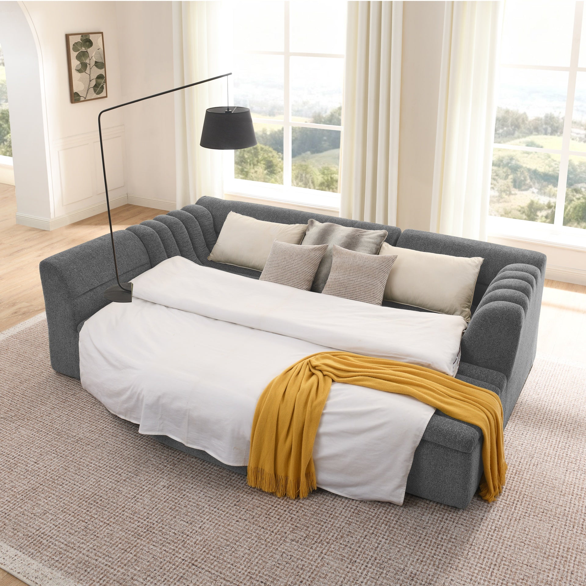 135" U-Shaped Modular Sectional Sofa with Chaise and Movable Ottoman for Living Room, Chenille Upholstered Boneless Couches with Wave-Shaped Armrest, No Pillows Included