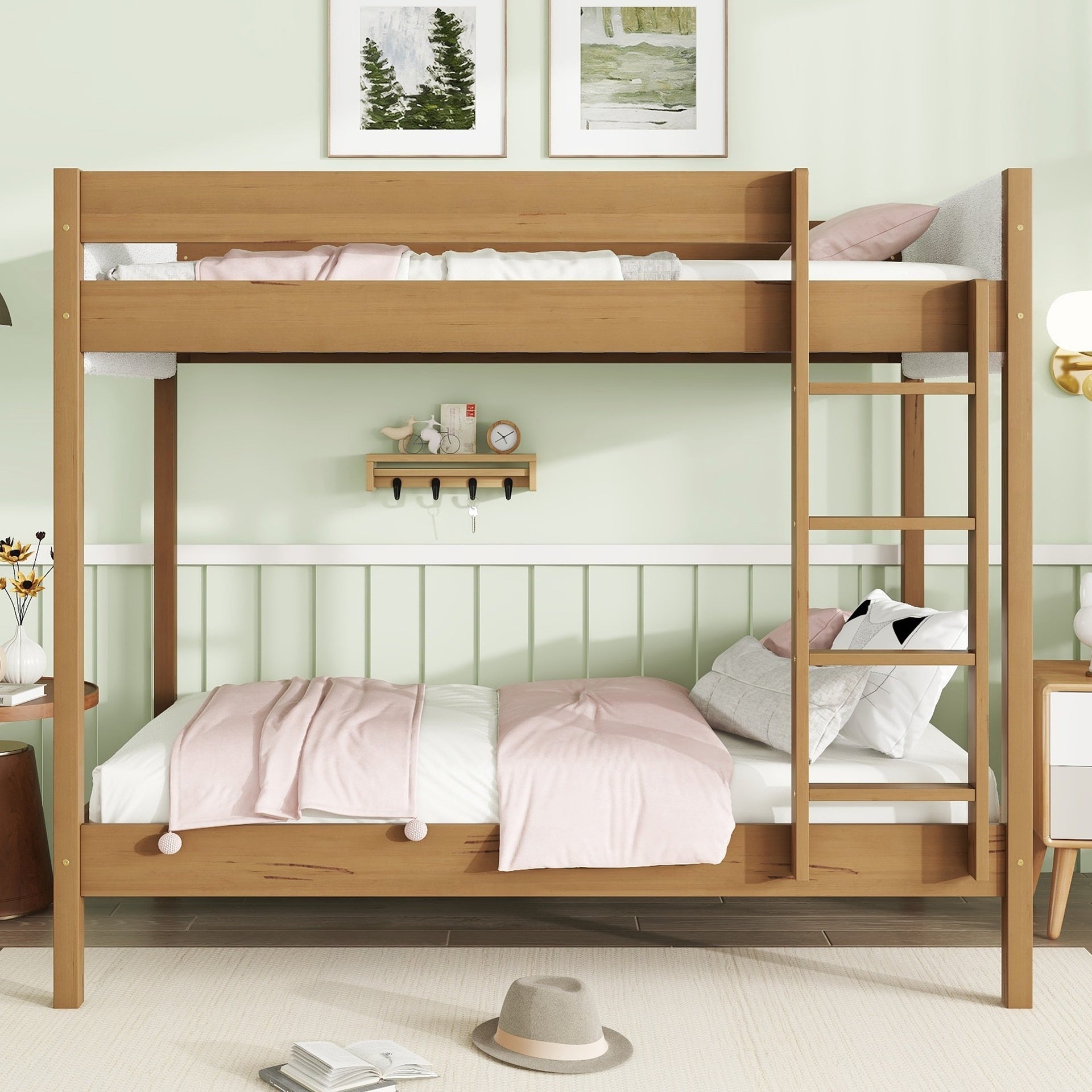 Twin Over Twin Bunk Bed with Boucle Upholstered Headboard and Footboard,Ladder, Safety Guardrails,Rubber Wooden Bunk Bed,Natural