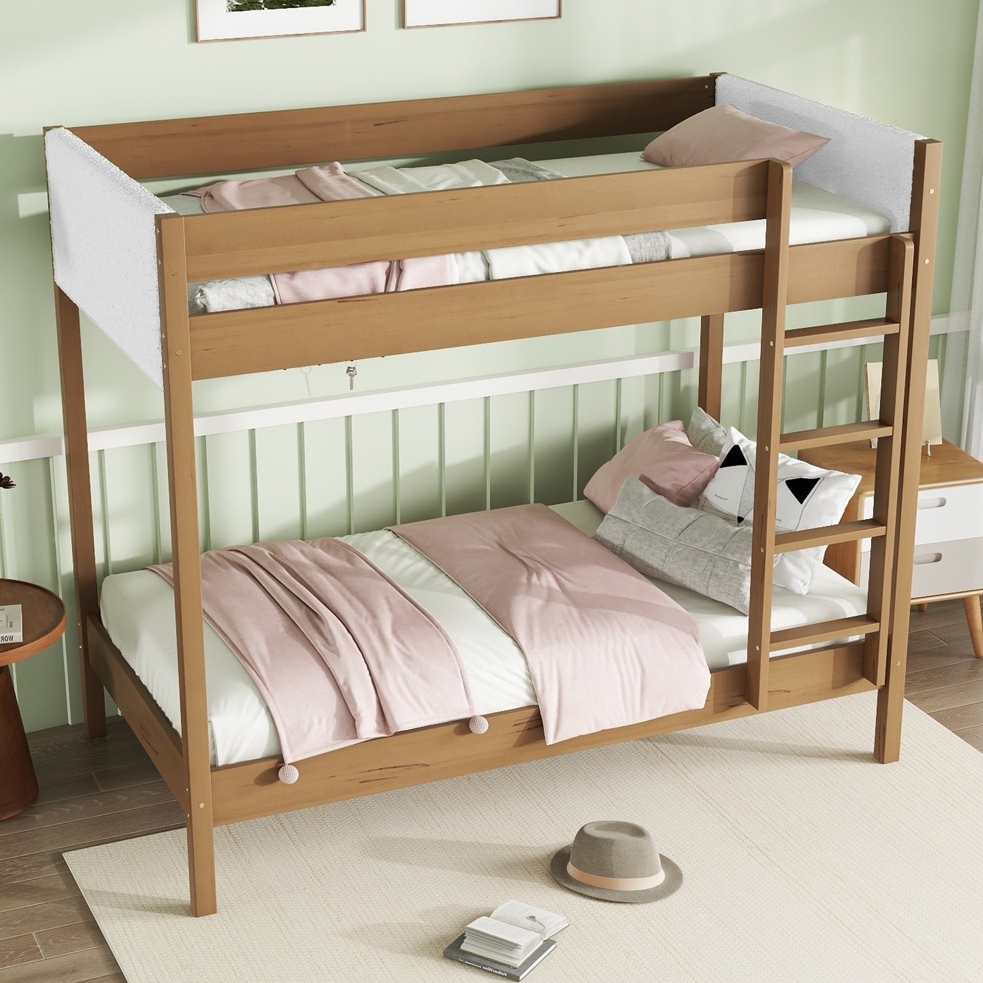 Twin Over Twin Bunk Bed with Boucle Upholstered Headboard and Footboard,Ladder, Safety Guardrails,Rubber Wooden Bunk Bed,Natural