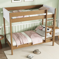 Twin Over Twin Bunk Bed with Boucle Upholstered Headboard and Footboard,Ladder, Safety Guardrails,Rubber Wooden Bunk Bed,Natural