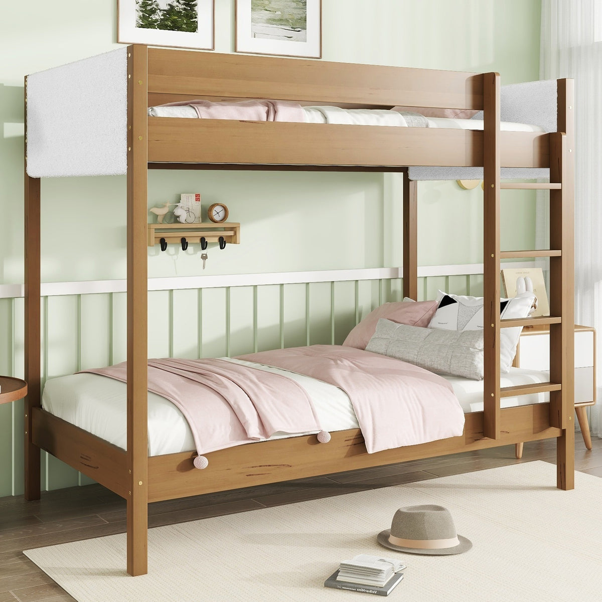Twin Over Twin Bunk Bed with Boucle Upholstered Headboard and Footboard,Ladder, Safety Guardrails,Rubber Wooden Bunk Bed,Natural