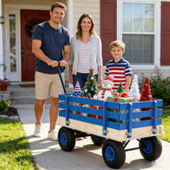 Blue Wooden Kids Pull Wagon with Removable Side Rails & All Terrain Wheels, Heavy Duty Outdoor Garden Cart for Toddlers, Portable Toy Wagon for Beach, Camping & Backyard Play