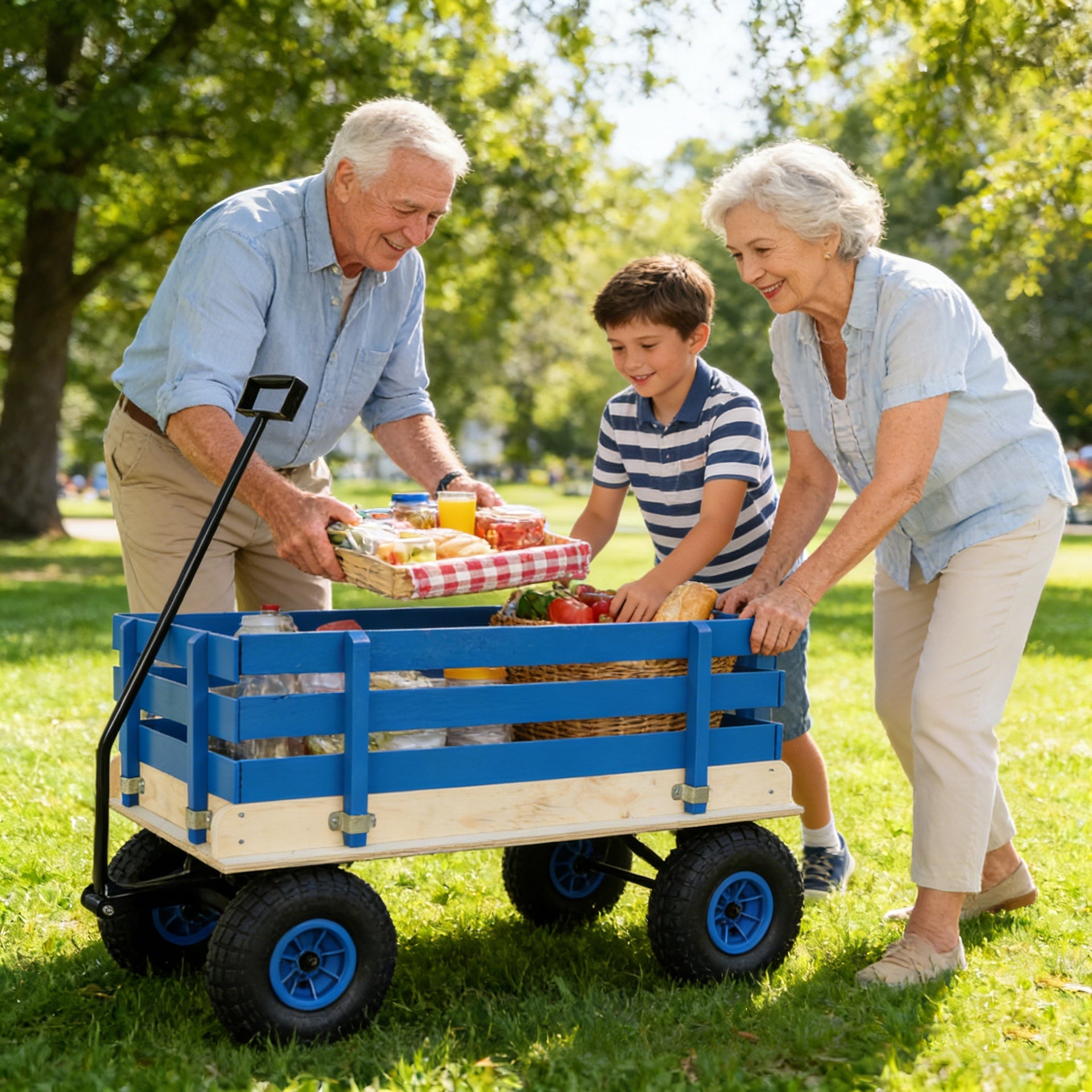 Blue Wooden Kids Pull Wagon with Removable Side Rails & All Terrain Wheels, Heavy Duty Outdoor Garden Cart for Toddlers, Portable Toy Wagon for Beach, Camping & Backyard Play