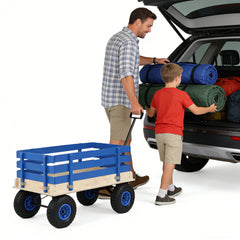 Blue Wooden Kids Pull Wagon with Removable Side Rails & All Terrain Wheels, Heavy Duty Outdoor Garden Cart for Toddlers, Portable Toy Wagon for Beach, Camping & Backyard Play