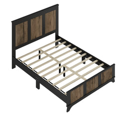 4-Pieces Bedroom Sets, Queen Size Farmhouse Platform Bed with Wooden Strip Stickers Decoration, Storage Nightstand and Dresser with Metal Handle, Black