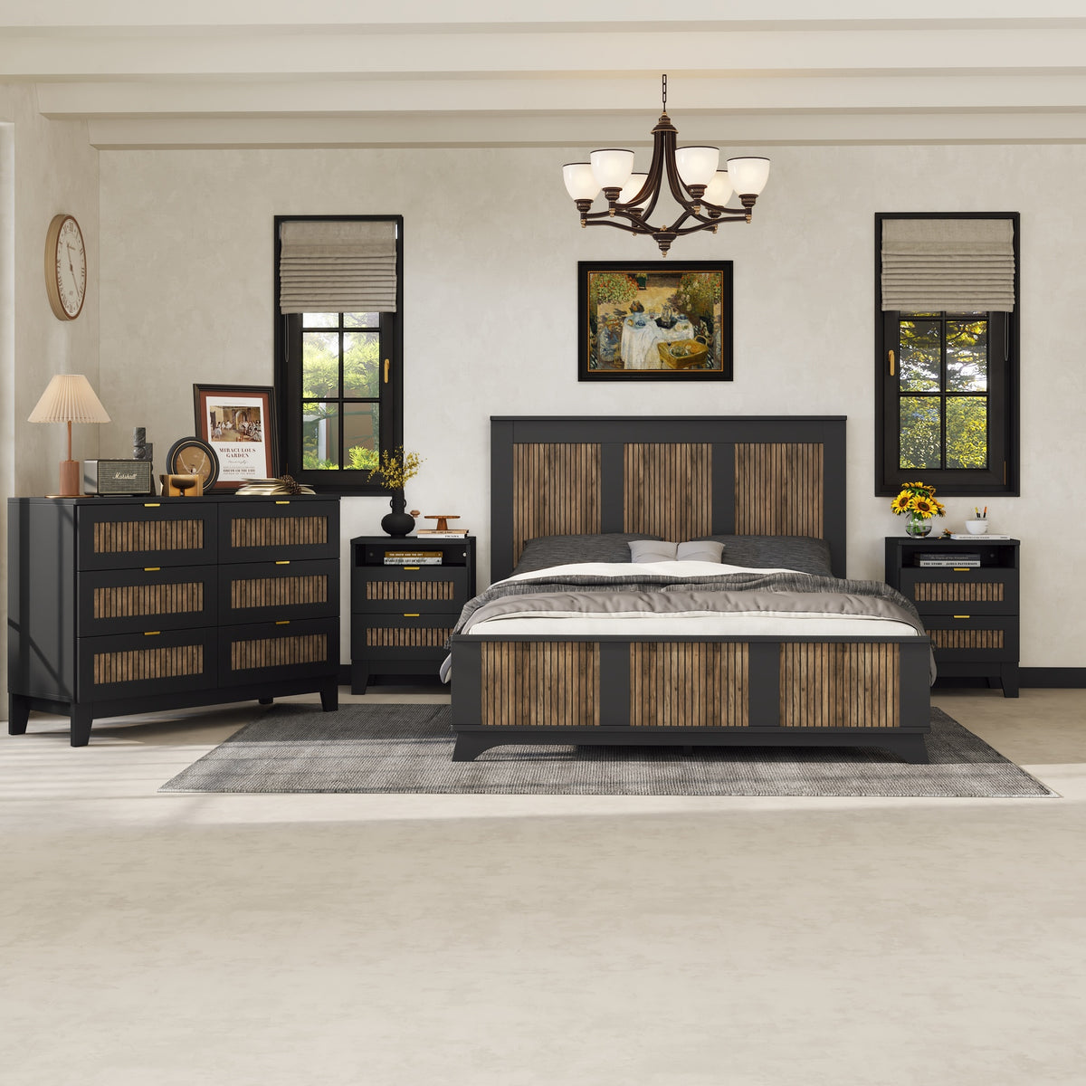 4-Pieces Bedroom Sets, Queen Size Farmhouse Platform Bed with Wooden Strip Stickers Decoration, Storage Nightstand and Dresser with Metal Handle, Black