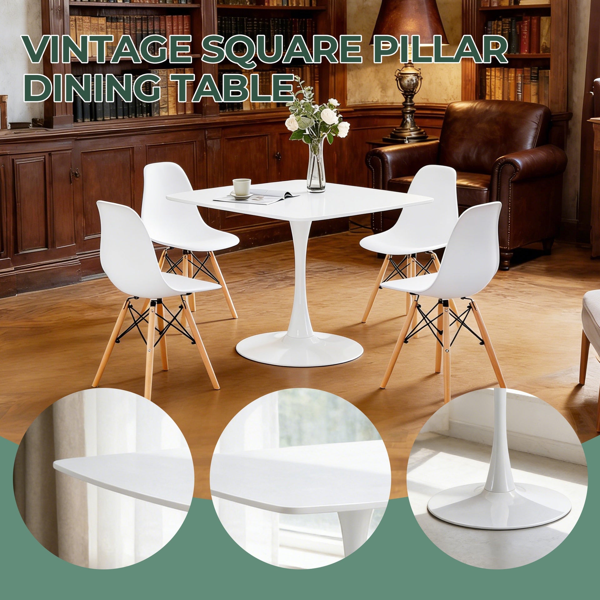 42-inch Mid-Century Modern Pedestal Table, Multi-Functional Dining Table for 4-6 People & Large Coffee Table, White MDF Top for Living Room, Kitchen, Office