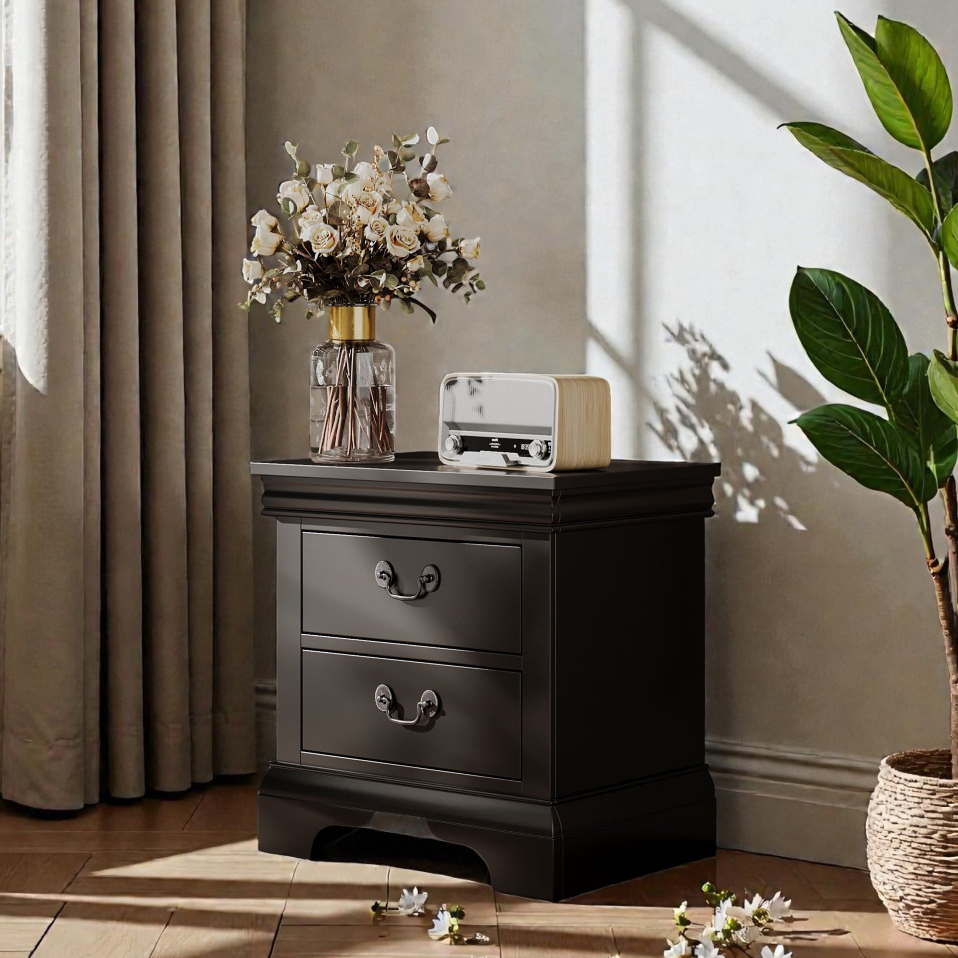 22" x 16" x 22.7" Classic Wooden Nightstand-Black