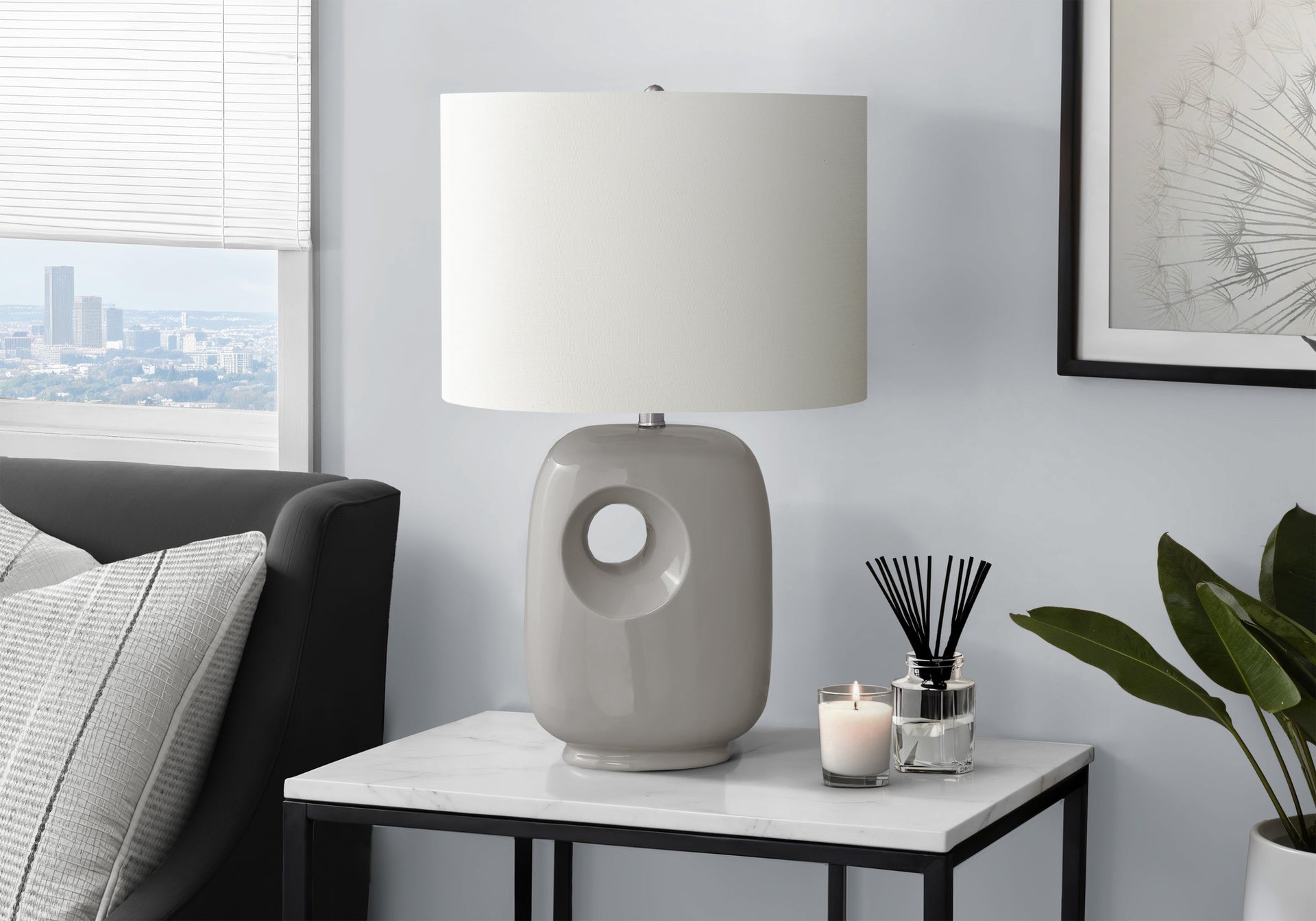 Lighting, 26"h, Table Lamp, Grey Ceramic, Ivory / Cream Shade, Contemporary, Modern