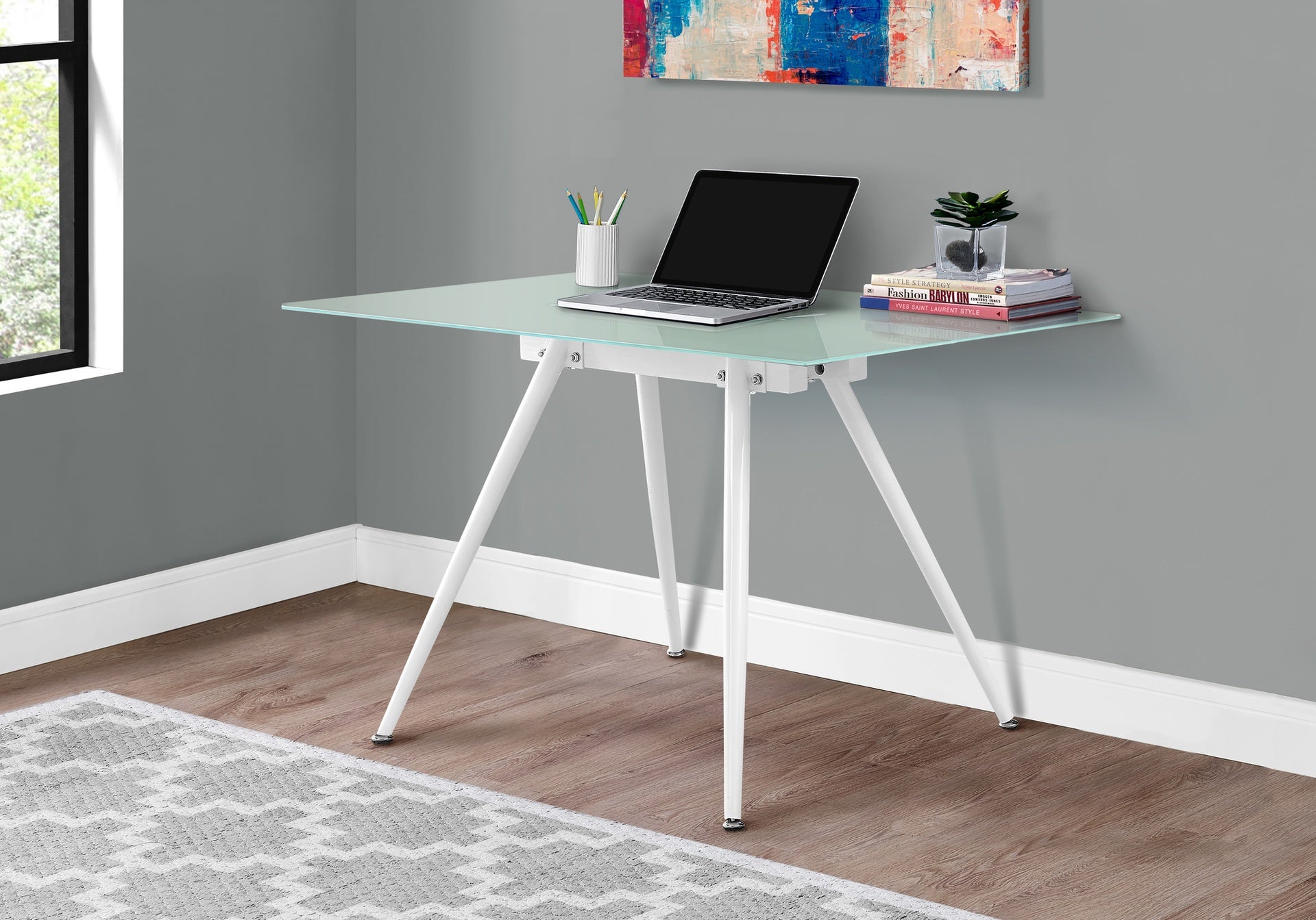 Computer Desk, Home Office, Laptop, 48"l, Work, White Metal, Tempered Glass, Contemporary, Modern