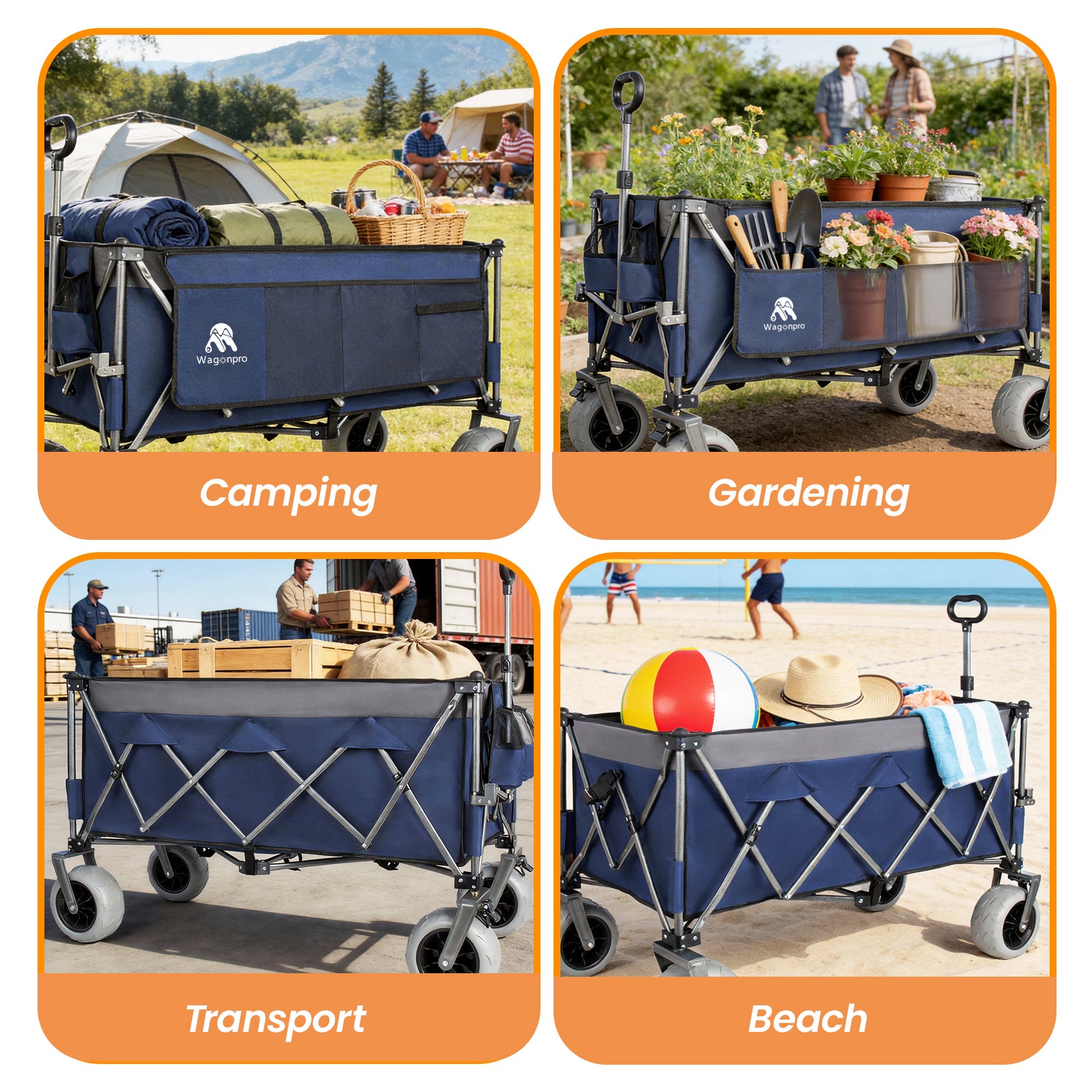 52-inch Extended Heavy-Duty Foldable Utility Wagon, 560lbs, Patented Ultra-Stable Frame, 1:6 Space-Saving Fold, Portable and Collapsible for Beach, Sports, and Garden Use, Dark Blue+Gray