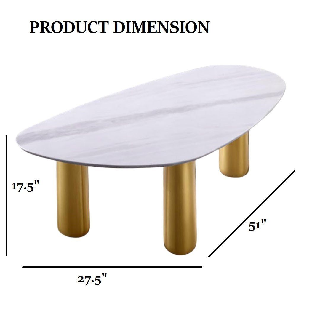 Contemporary Style 1pc Coffee Table Sintered Stone Top Gold Legs Soft Corner Edges White And Matte Gold Finish