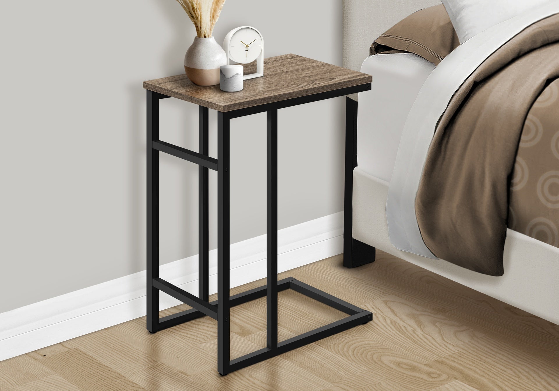 Accent Table, C-shaped, End, Side, Snack, Living Room, Bedroom, Brown Laminate, Black Metal, Contemporary, Modern