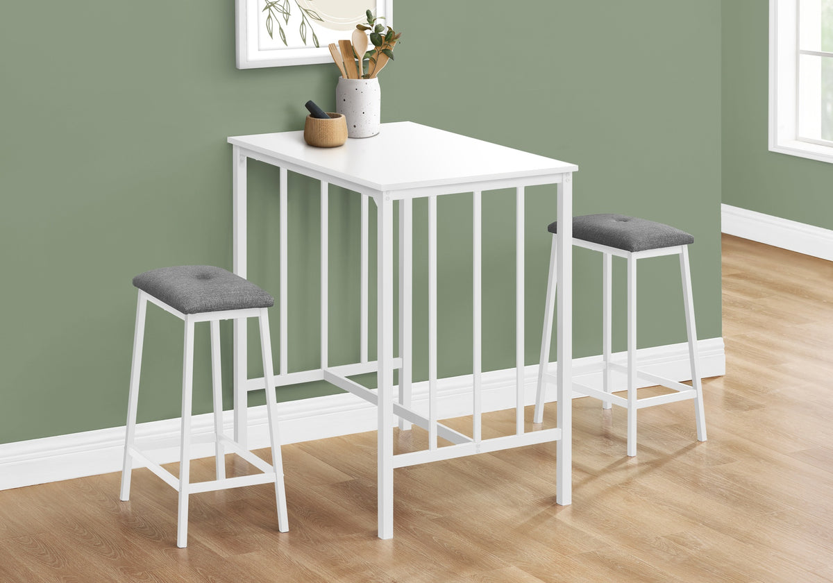 Dining Set, 3pcs Set, Counter Height, 36" Rectangular, Small, Kitchen, White Laminate, White Metal, Contemporary, Modern