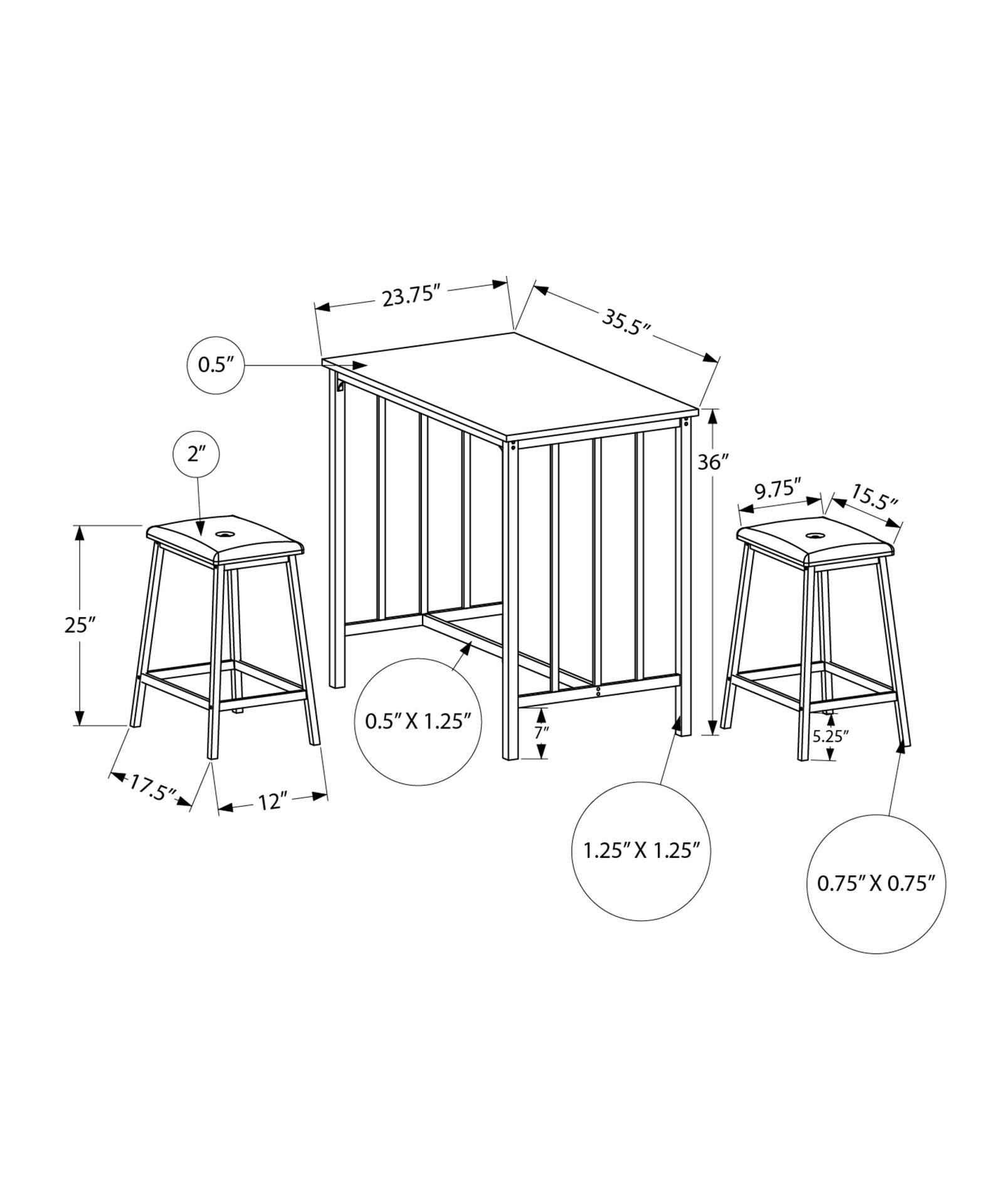 Dining Set, 3pcs Set, Counter Height, 36" Rectangular, Small, Kitchen, White Laminate, White Metal, Contemporary, Modern
