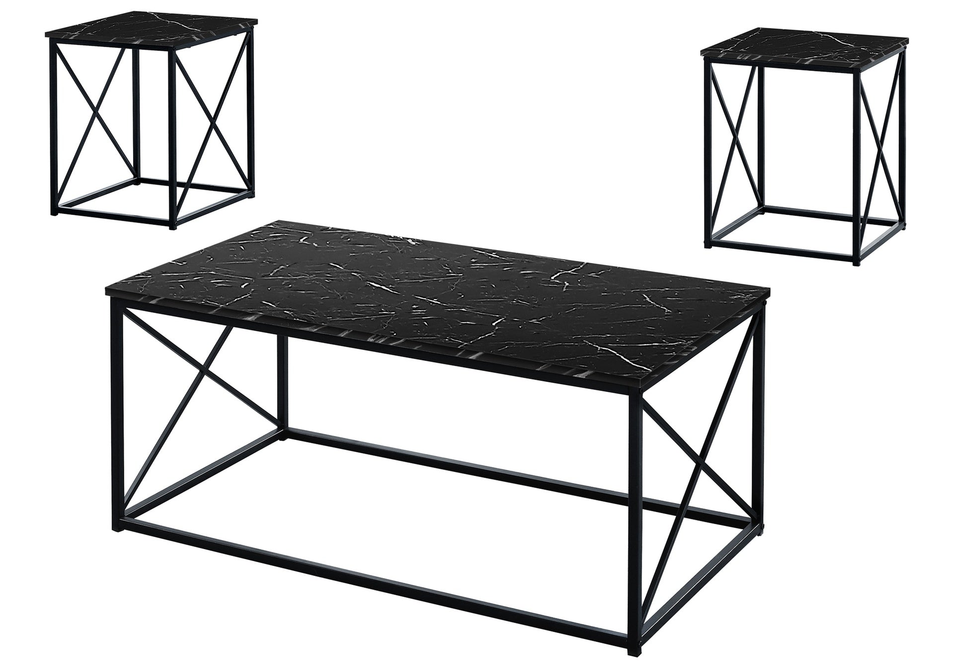 Table Set, 3pcs Set, Coffee, End, Side, Accent, Living Room, Black Marble Look Laminate, Black Metal, Contemporary, Modern