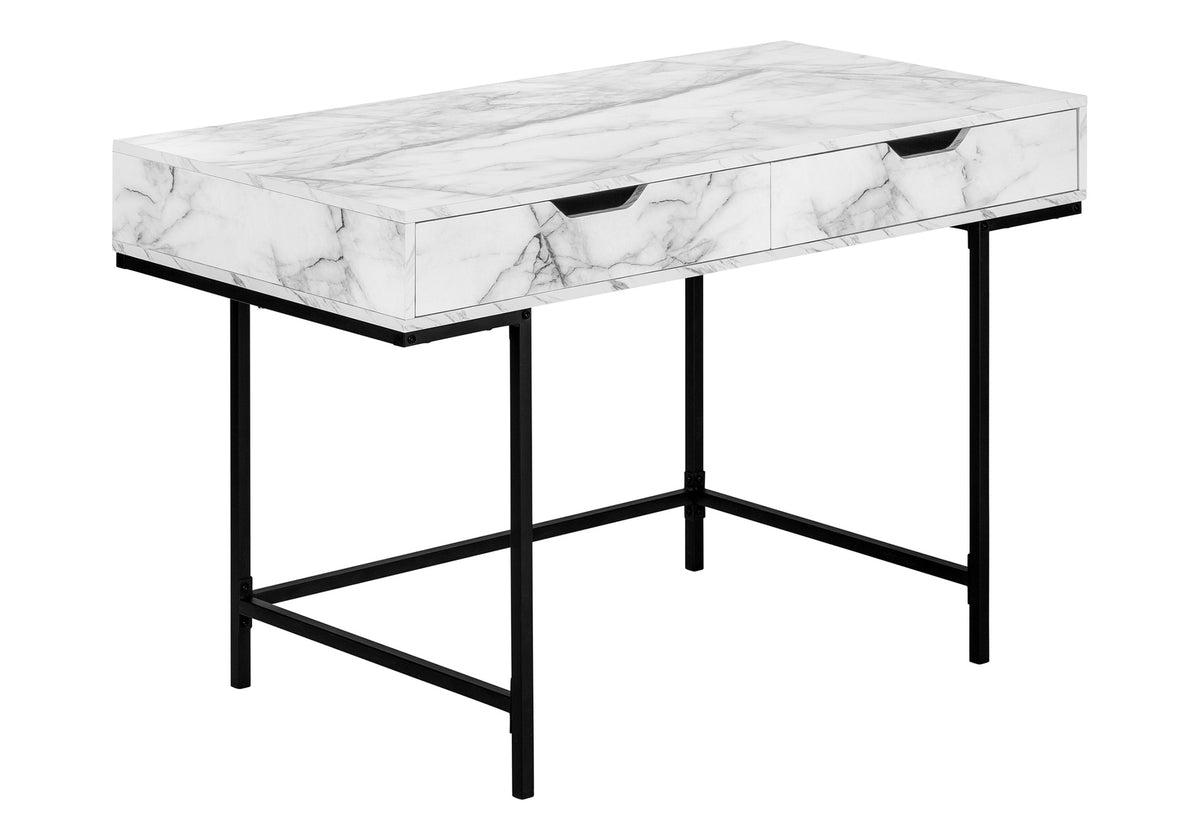 Computer Desk, Home Office, Laptop, Storage Drawers, 48"l, Work, White Marble Look Laminate, Black Metal, Contemporary, Modern