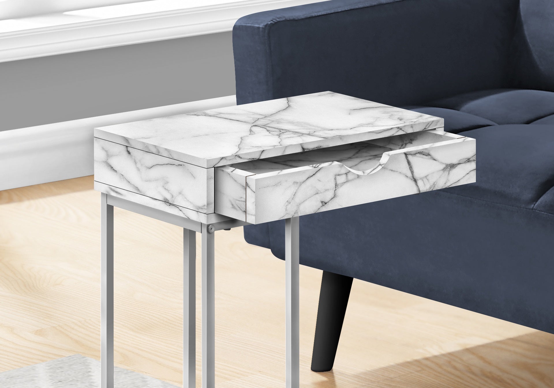Accent Table, C-shaped, End, Side, Snack, Storage Drawer, Living Room, Bedroom, White Marble Look Laminate, Grey Metal, Contemporary, Modern