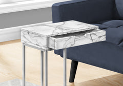 Accent Table, C-shaped, End, Side, Snack, Storage Drawer, Living Room, Bedroom, White Marble Look Laminate, Grey Metal, Contemporary, Modern