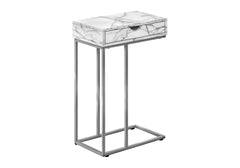 Accent Table, C-shaped, End, Side, Snack, Storage Drawer, Living Room, Bedroom, White Marble Look Laminate, Grey Metal, Contemporary, Modern
