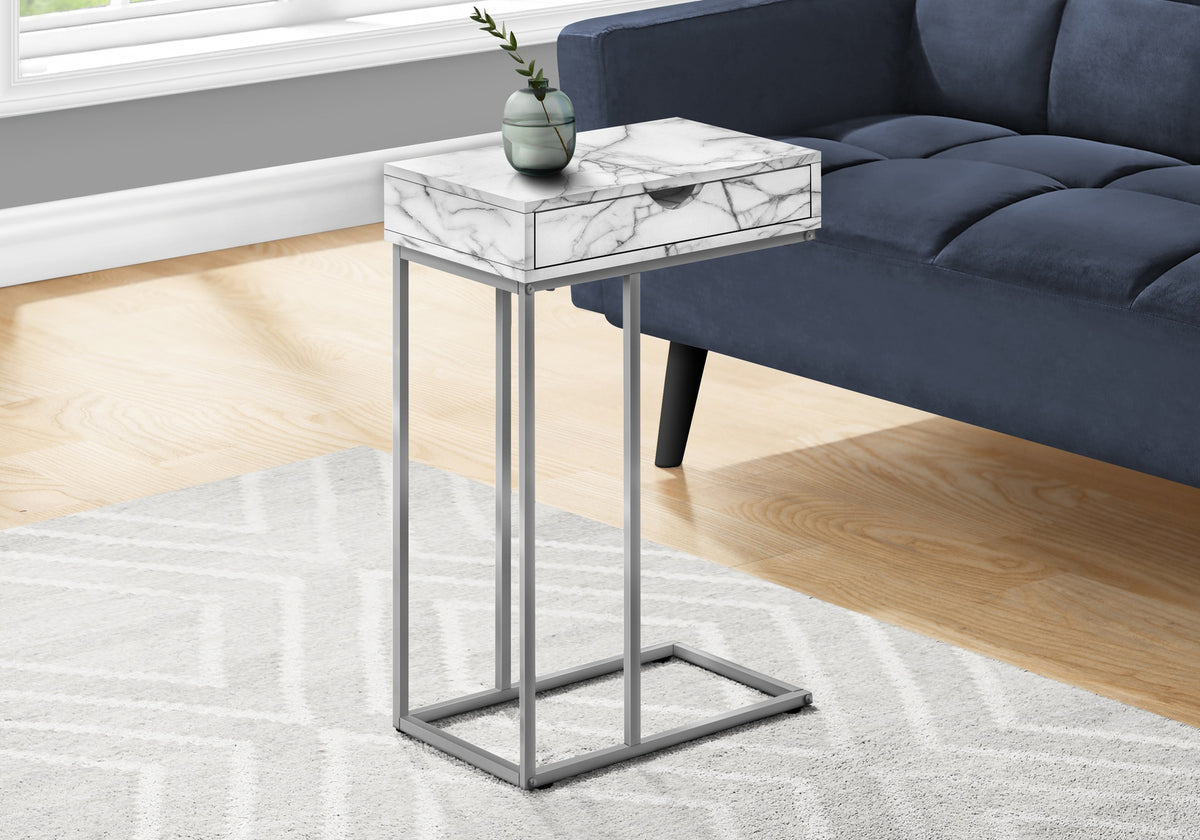 Accent Table, C-shaped, End, Side, Snack, Storage Drawer, Living Room, Bedroom, White Marble Look Laminate, Grey Metal, Contemporary, Modern