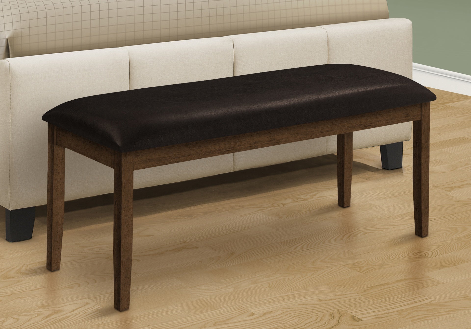 Bench, 48" Rectangular, Dining Room, Entryway, Hallway, Kitchen, Upholstered, Wood, Brown Solid Wood, Brown Leather-look, Transitional