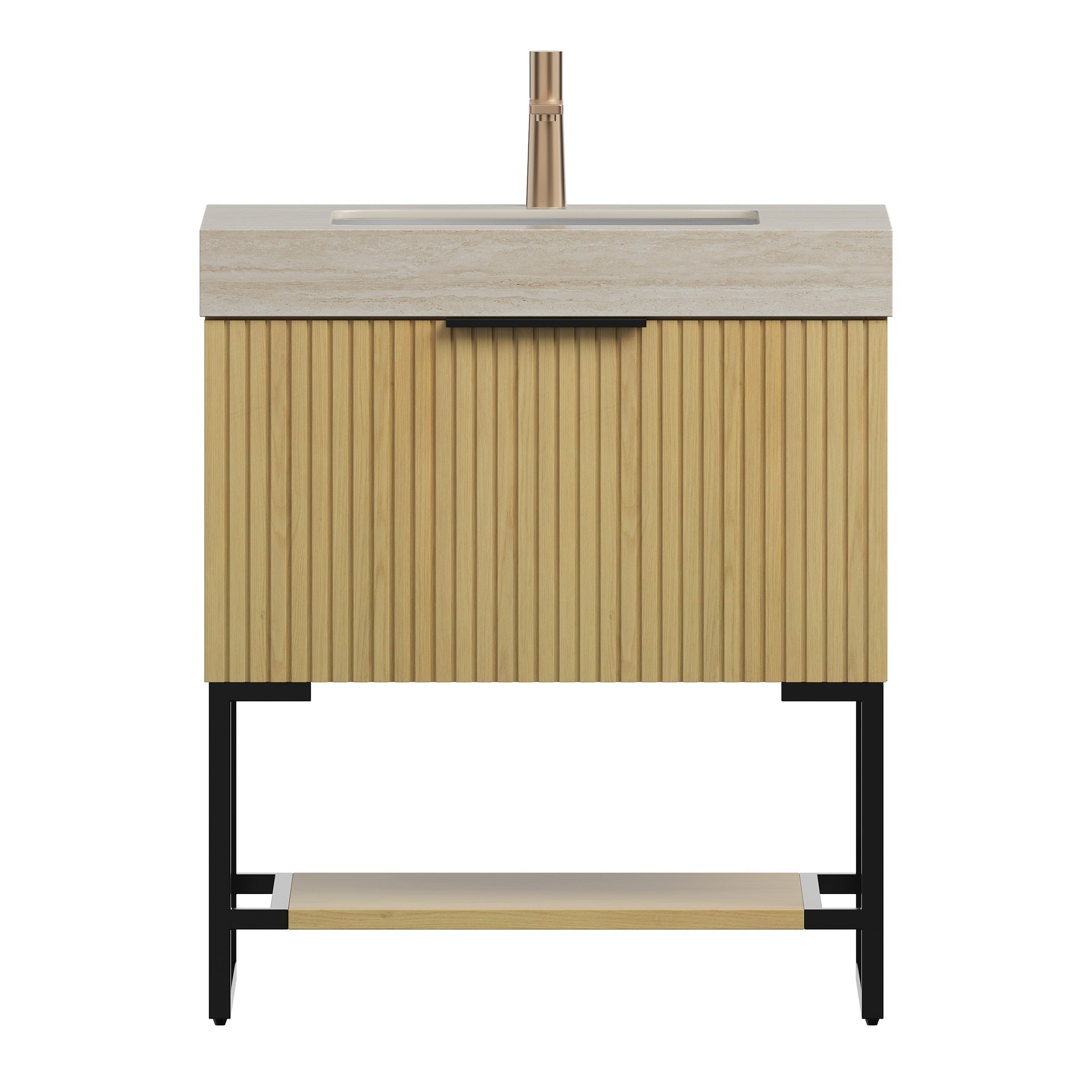 YOLAN 30" Bathroom Vanity&Sink, Freestanding Striped Plywood Storage Cabinet with Drawer&Open Shelf, Roma Travertine Sintered Stone Top&Undermount Ceramic Basin, Pre-assembled, Corolla Oak Woodgrain