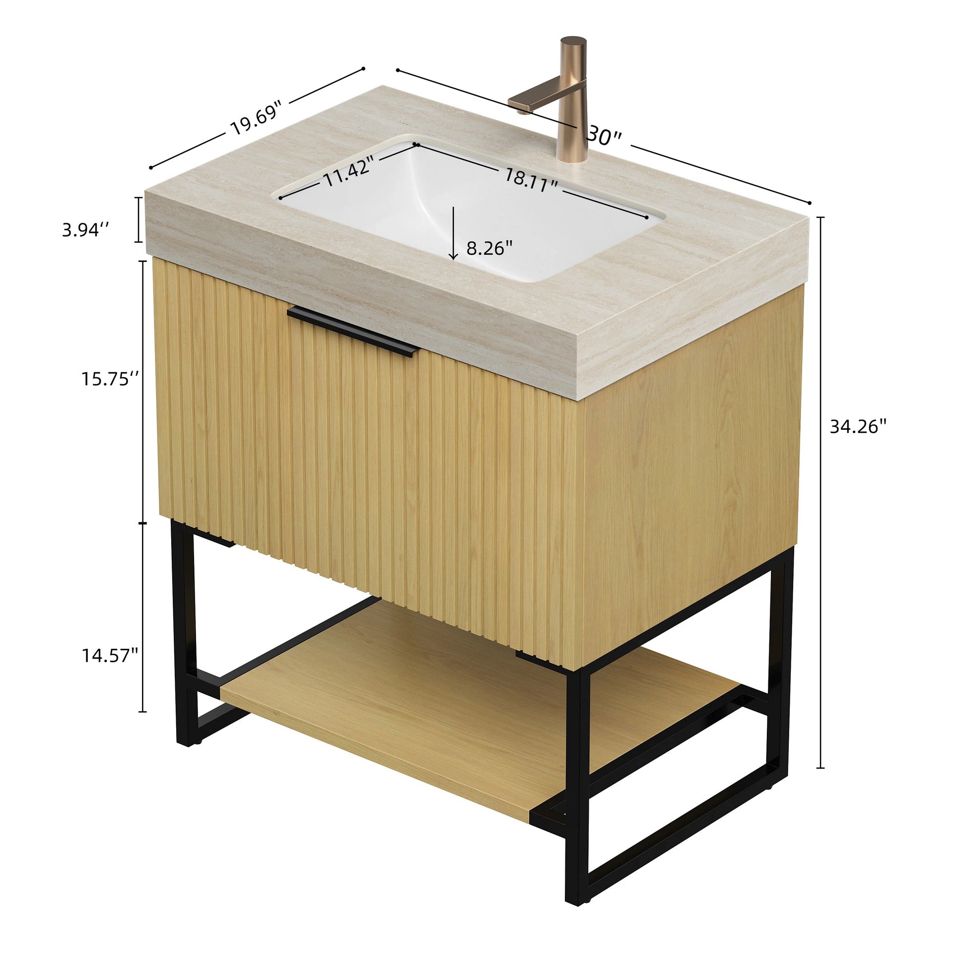 YOLAN 30" Bathroom Vanity&Sink, Freestanding Striped Plywood Storage Cabinet with Drawer&Open Shelf, Roma Travertine Sintered Stone Top&Undermount Ceramic Basin, Pre-assembled, Corolla Oak Woodgrain