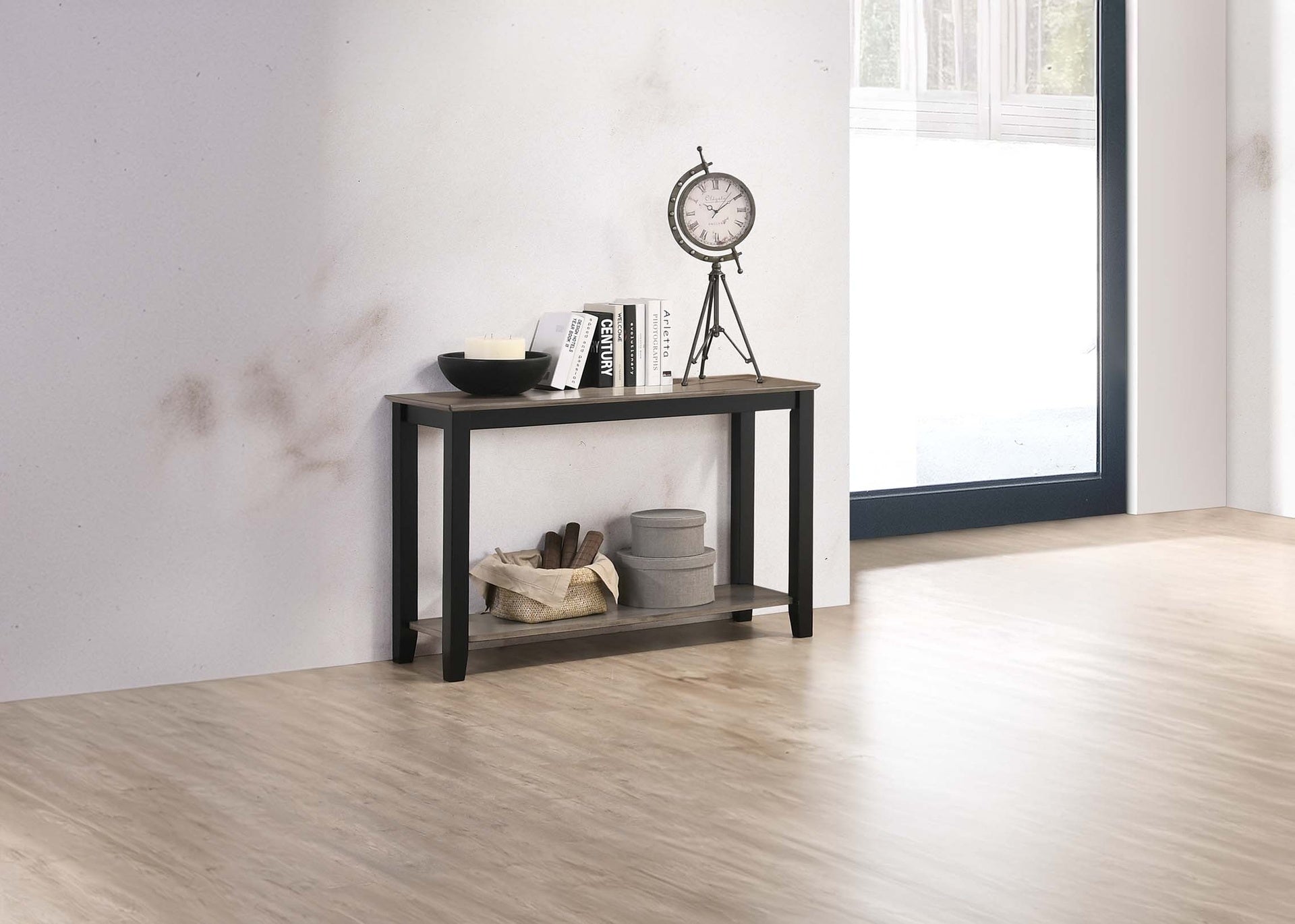 Modern Gray / Black Two Tone Finish 1pc Console Table Under-Table Shelf Storage Living Room Rubberwood Walnut Veneer Sofa Table