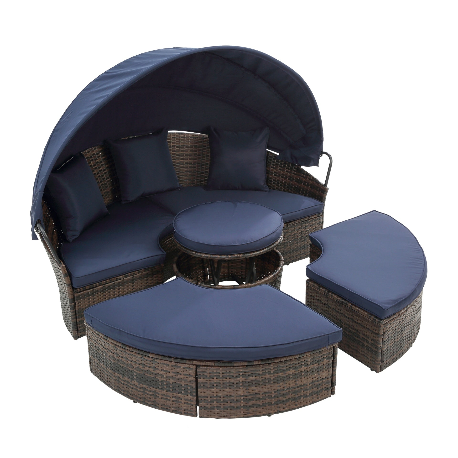 Hot Sale KD Rattan Round Lounge With Canopy Bali Canopy Bed Outdoor, Wicker Outdoor Sofa Bed with lift coffee table