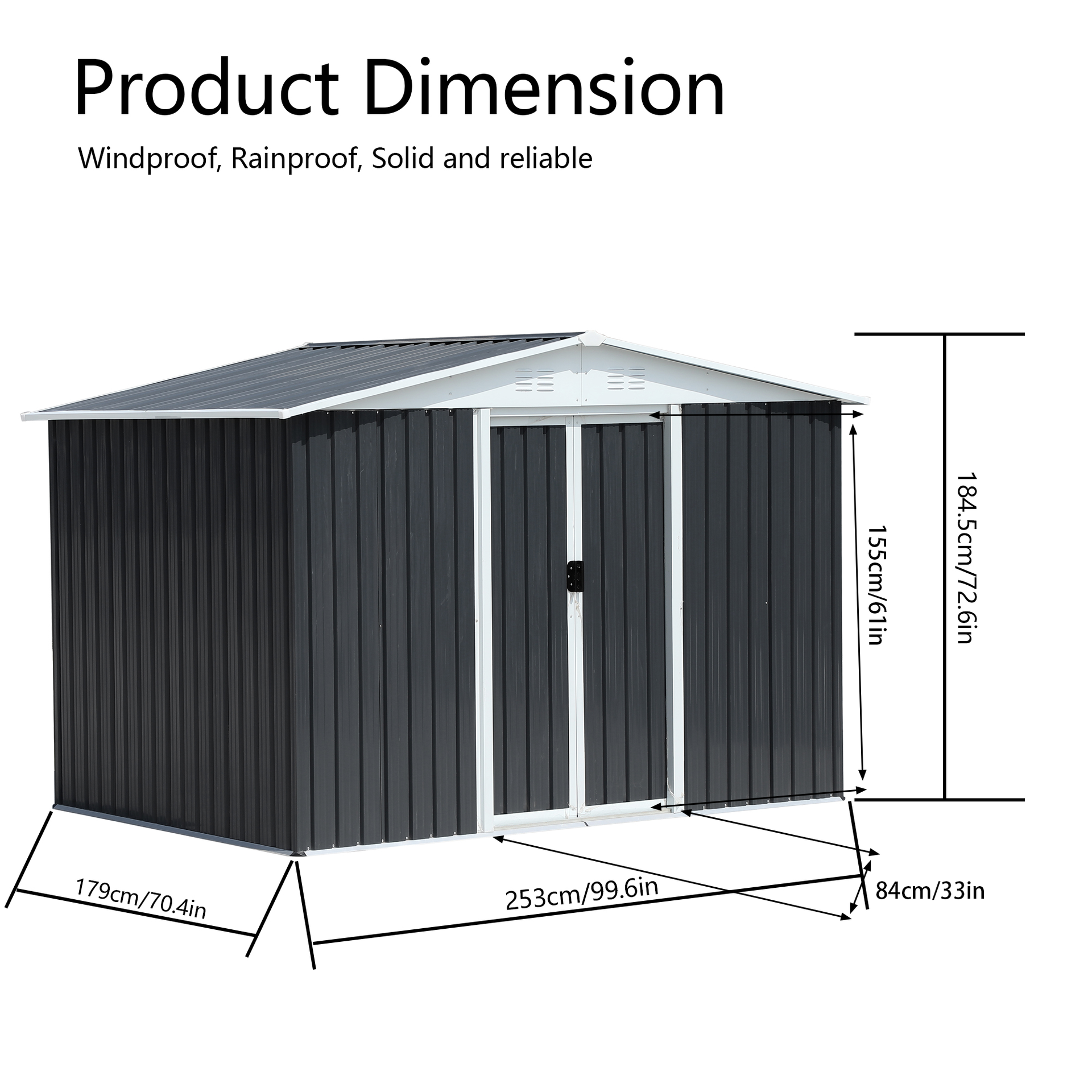 8x6 Feet Apex Roof Dark Grey Aluminum Alloy Frame  Garden Shed With Sliding Door