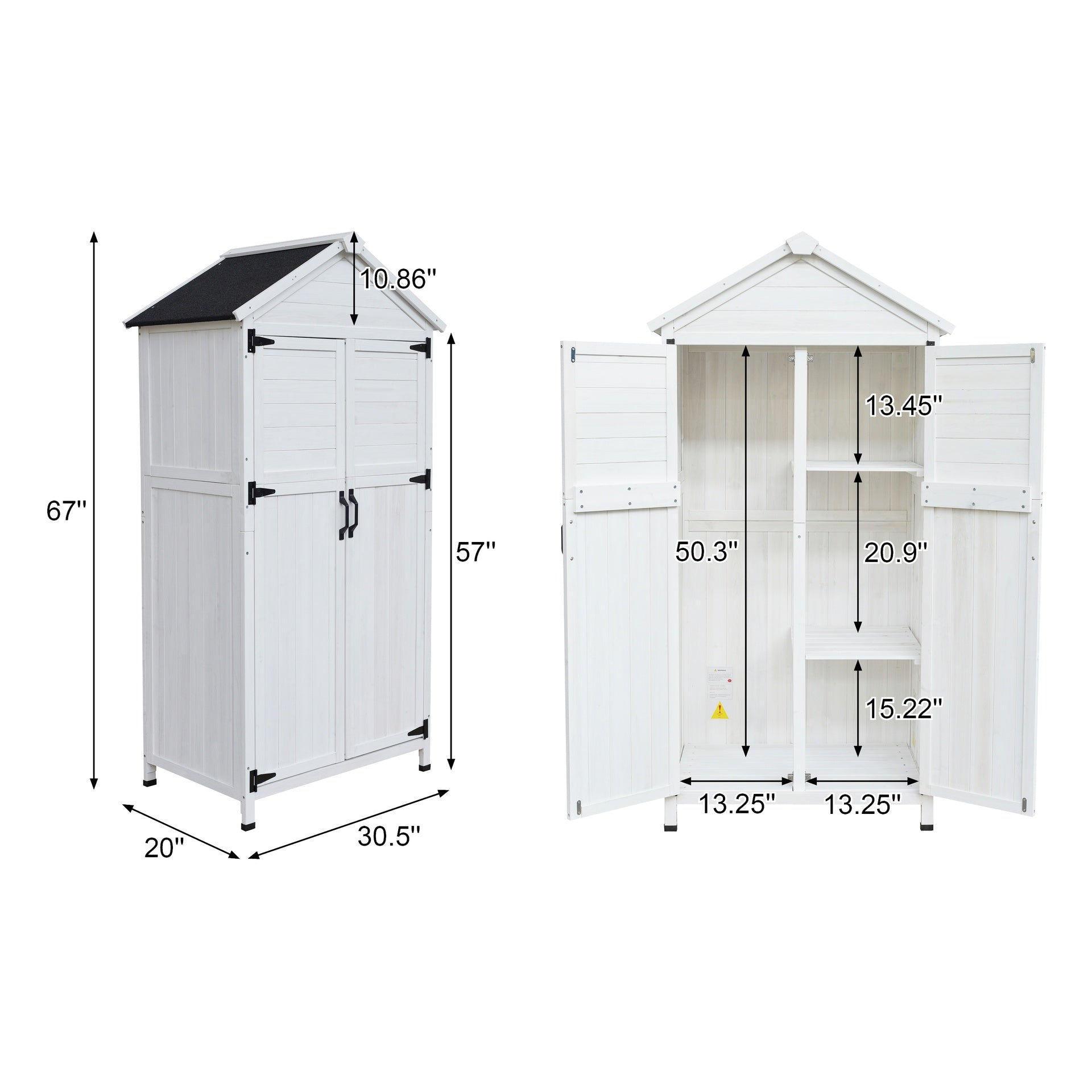 67" White Fir Wood Storage Shed with Double Doors