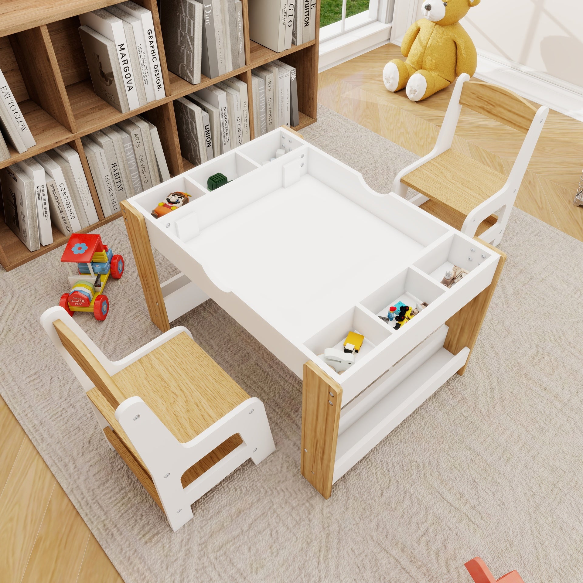 Kids 2 in 1 Play Table & 2 Chairs Set,with 7 Storage Compartments,Compatible with LEGO Building Block,Modern Activity Learning Table Game Furniture-White