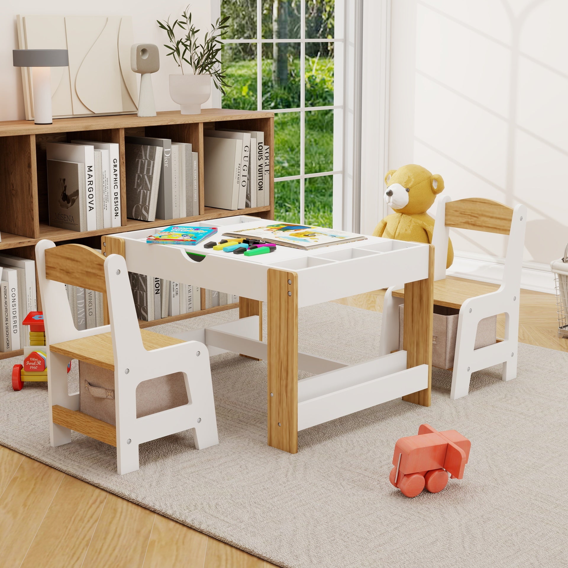 Kids 2 in 1 Play Table & 2 Chairs Set,with 7 Storage Compartments,Compatible with LEGO Building Block,Modern Activity Learning Table Game Furniture-White