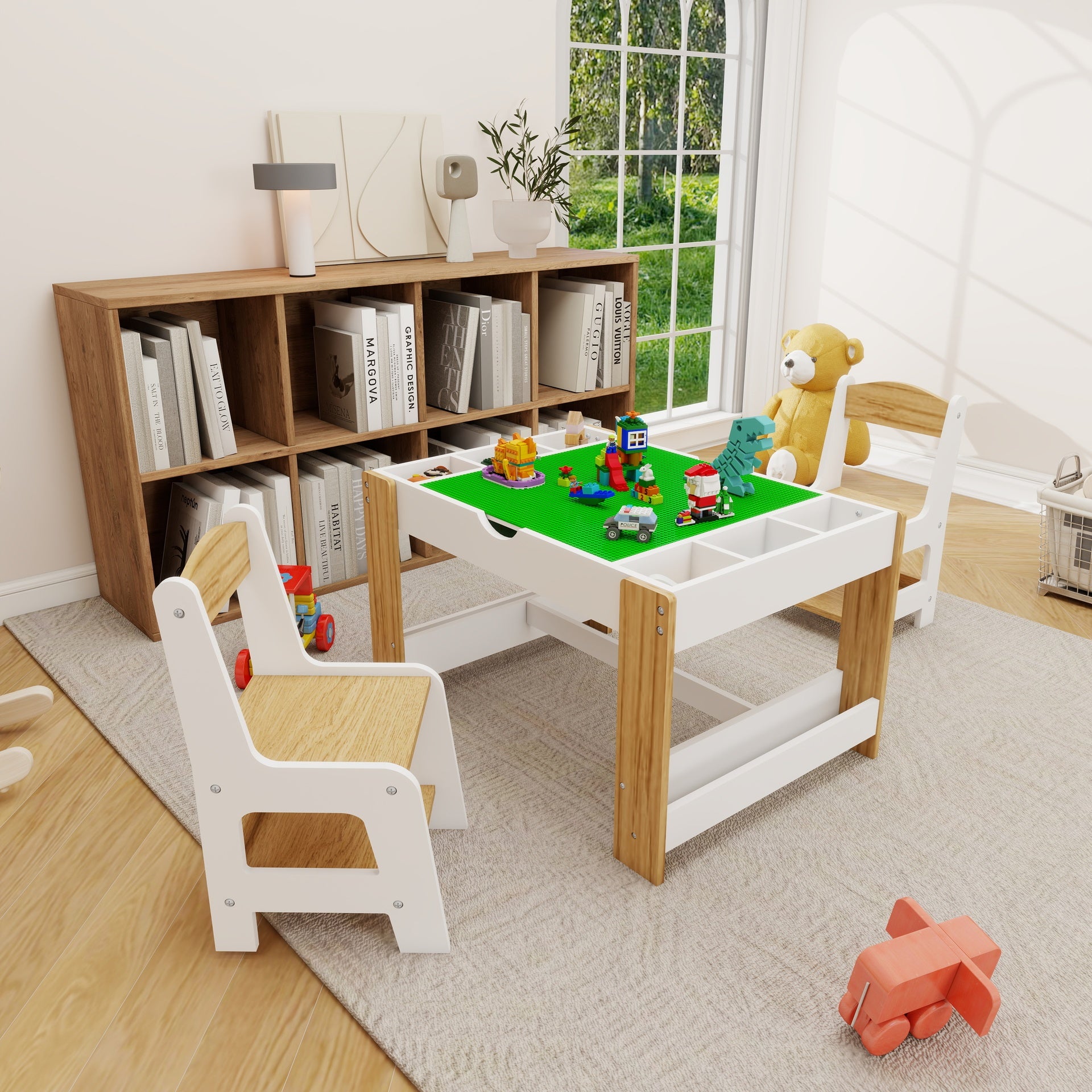 Kids 2 in 1 Play Table & 2 Chairs Set,with 7 Storage Compartments,Compatible with LEGO Building Block,Modern Activity Learning Table Game Furniture-White