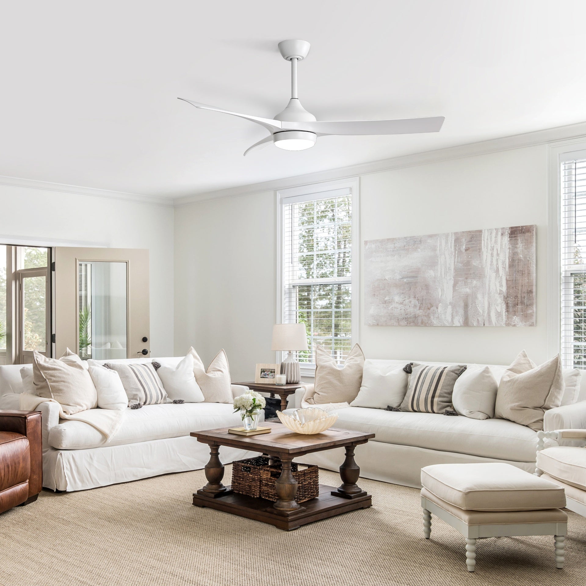52 Inch Modern White Ceiling Fan with 18W LED Light and Remote Control 3 ABS Blades Noiseless Reversible DC Motor