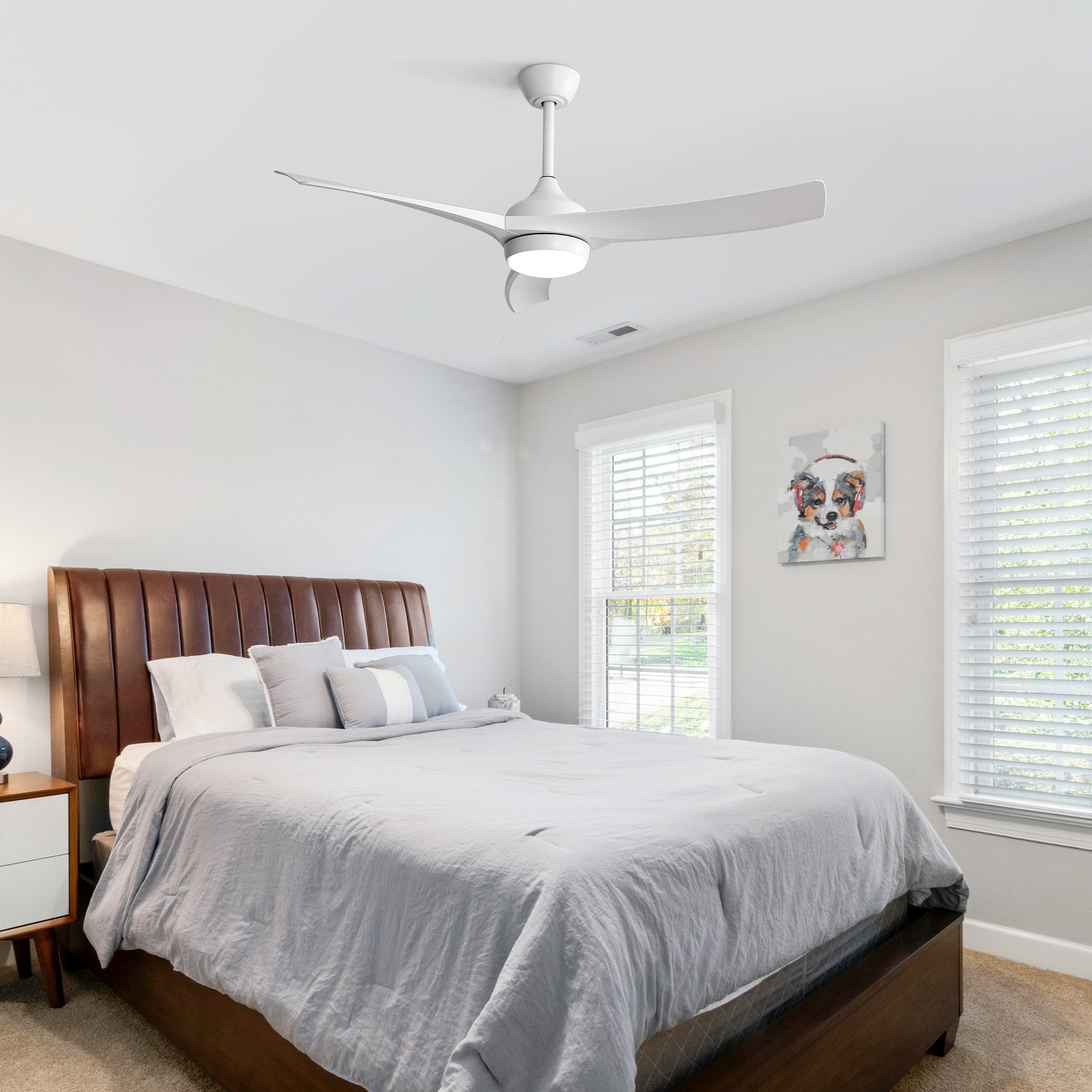 52 Inch Modern White Ceiling Fan with 18W LED Light and Remote Control 3 ABS Blades Noiseless Reversible DC Motor