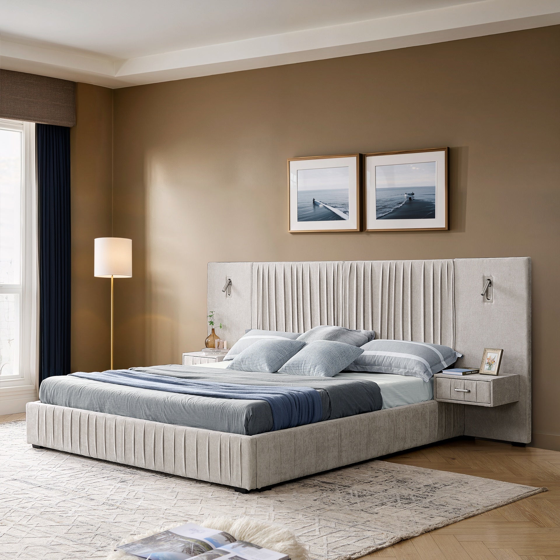Queen Size Upholstered Bed Frame with Chenille fabric with pleated design,Grounded Queen Size Platform Bed with Headboard and Solid Frame and the bedside table.No Box Spring Needed-Beige