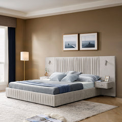 Queen Size Upholstered Bed Frame with Chenille fabric with pleated design,Grounded Queen Size Platform Bed with Headboard and Solid Frame and the bedside table.No Box Spring Needed-Beige