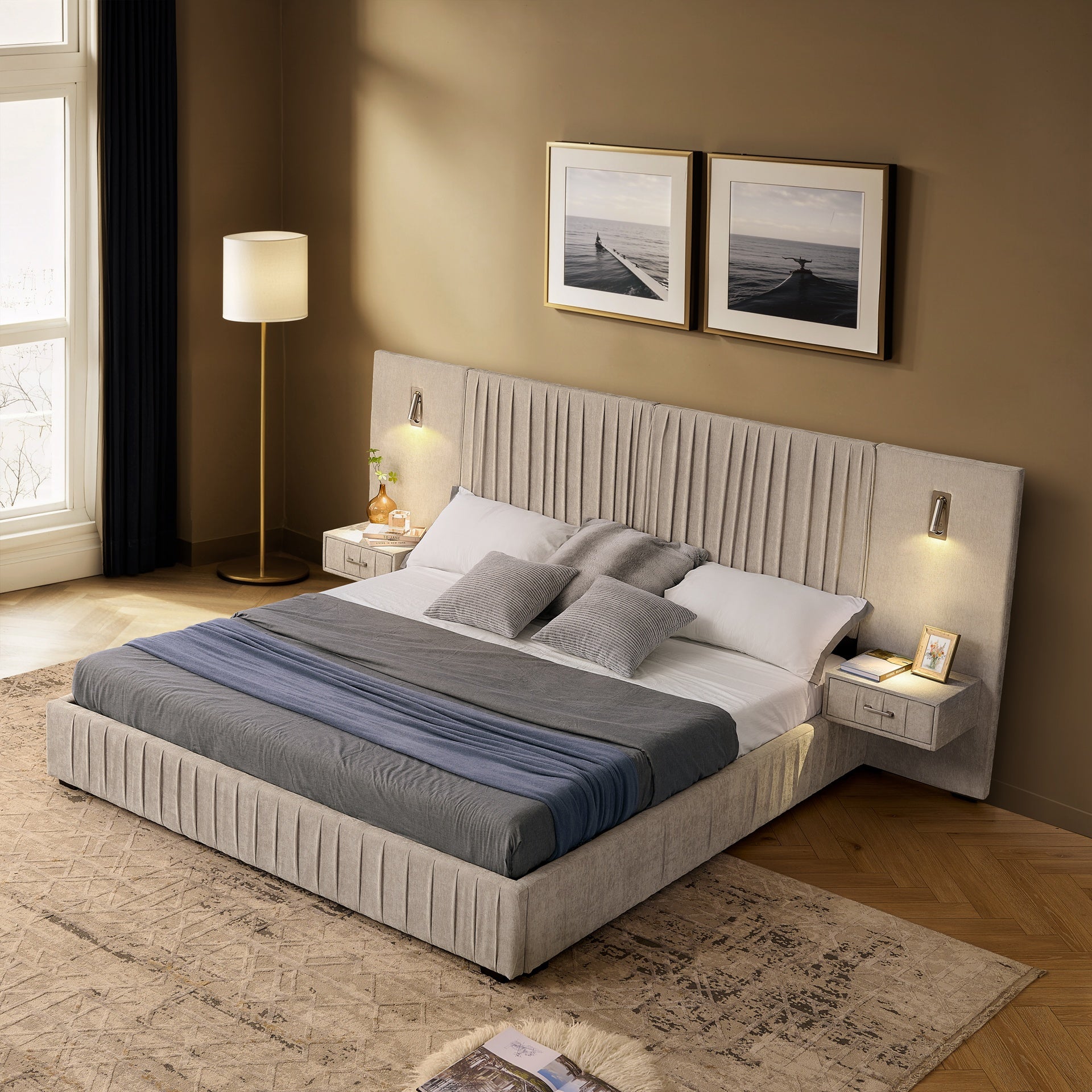 Queen Size Upholstered Bed Frame with Chenille fabric with pleated design,Grounded Queen Size Platform Bed with Headboard and Solid Frame and the bedside table.No Box Spring Needed-Beige