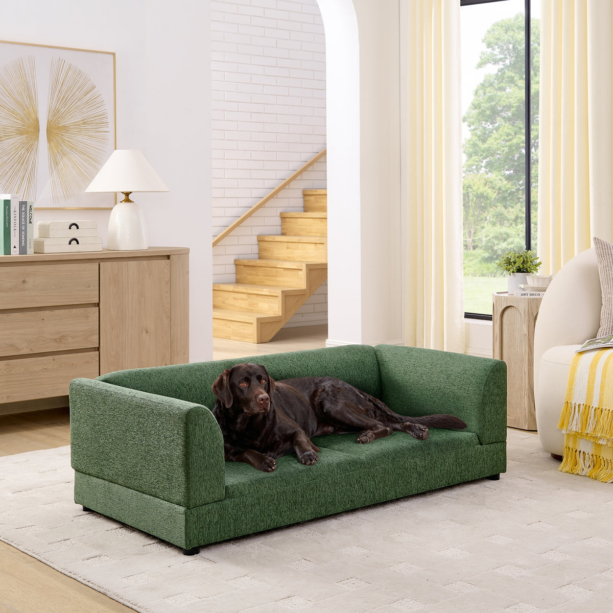 Comfortable Oversized Pet Sofa for Medium/Large Dogs - Modern Rectangular Design with Backrest, Armrests & Soft Cushion -OLIVE GREEN(56.5"*26"*17")